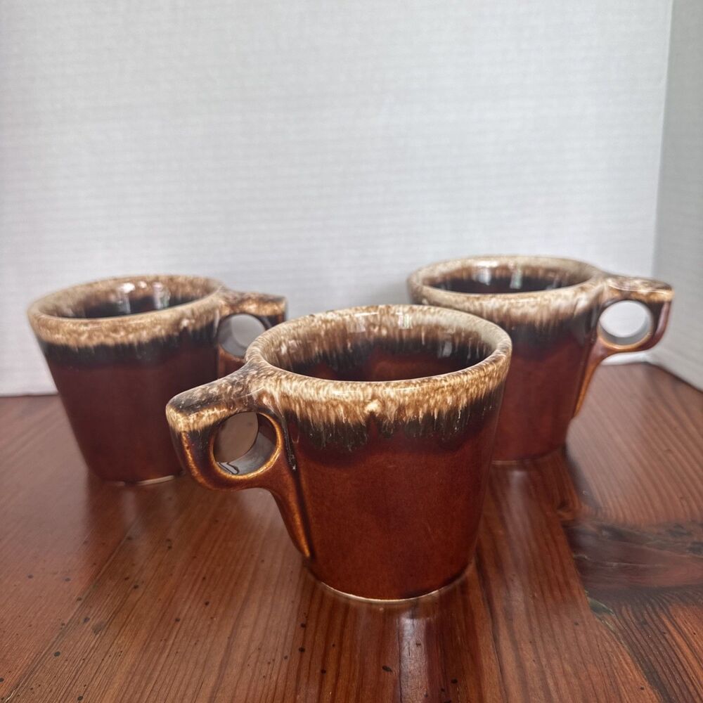 3 Hull Pottery Drip Glazed Brown Oven-Proof Coffee Mugs